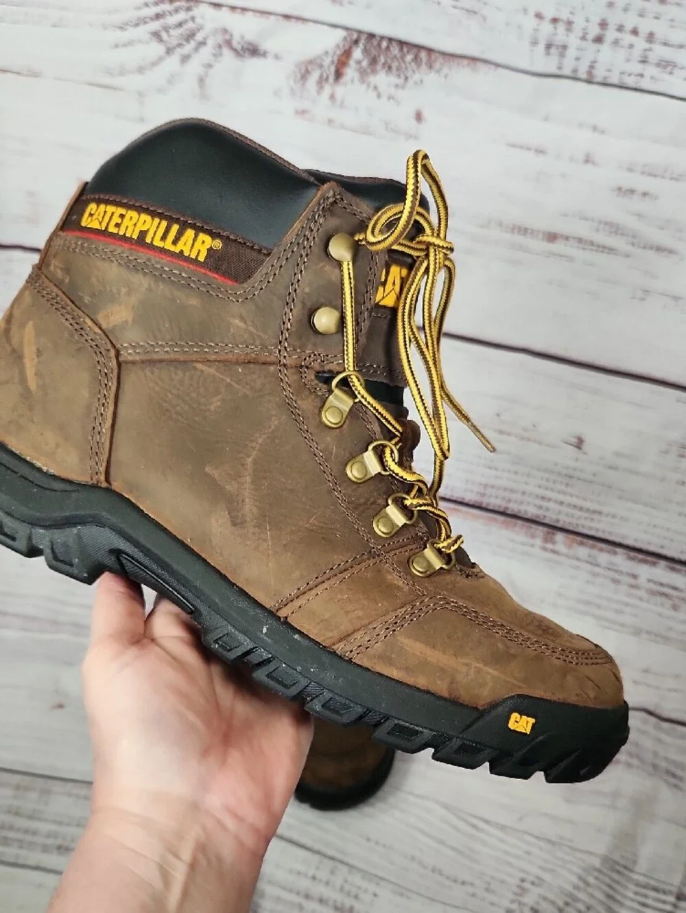 Caterpillar Brown Leather Work Boots with Yellow Laces
